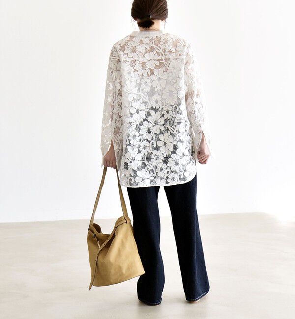 quaranciel「quaranciel:〈手洗い可能〉デニム フラワー レース バンドカラー シャツ」|シャツ・ブラウス|