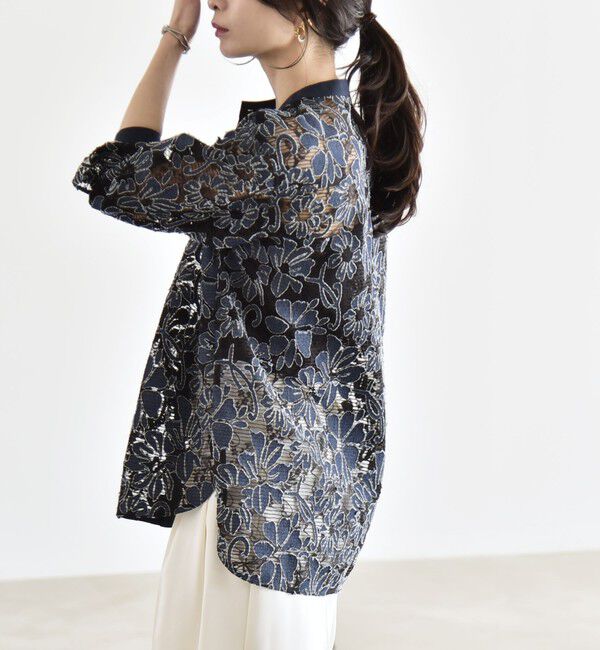 quaranciel「quaranciel:〈手洗い可能〉デニム フラワー レース バンドカラー シャツ」|シャツ・ブラウス|