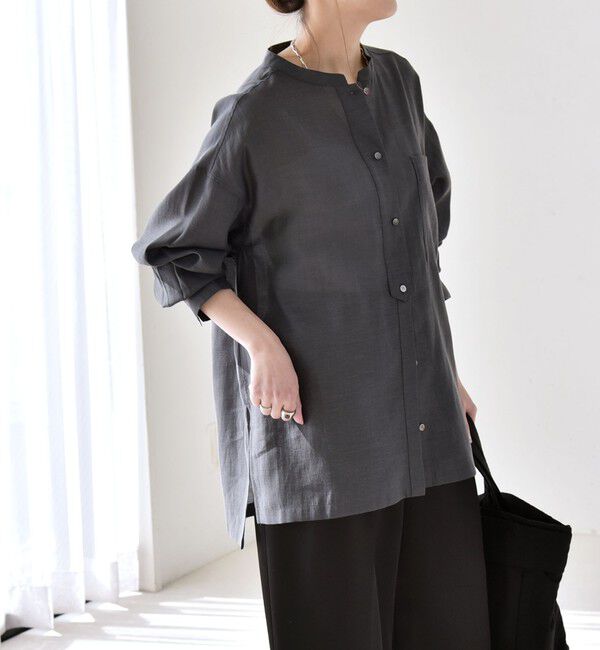quaranciel「quaranciel:〈洗濯機可能〉リネン ミックス バンドカラー ポケット シャツ」|シャツ・ブラウス|