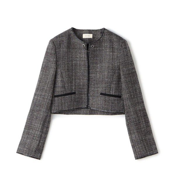 DES PRES「ウールリネンツイード クロップドジャケット」|ノーカラージャケット|48 ダークブラウン系