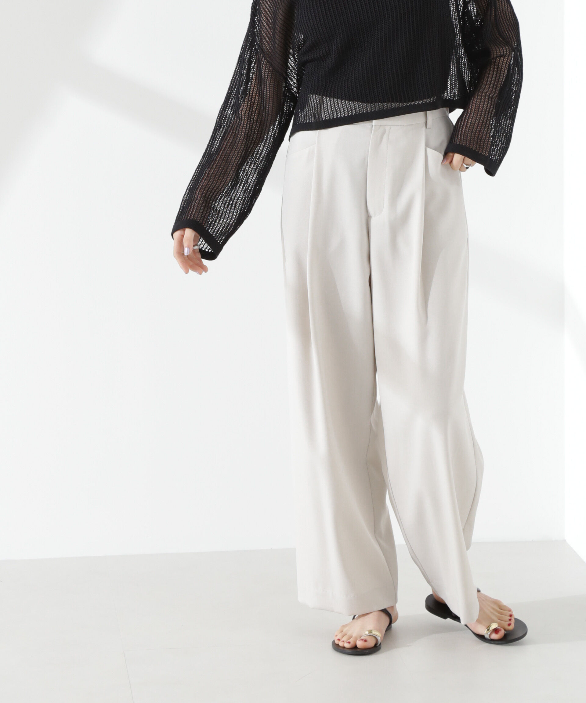 nano･universe「クリスピーツイルタックワイドパンツ(セットアップ可)」|チノ|