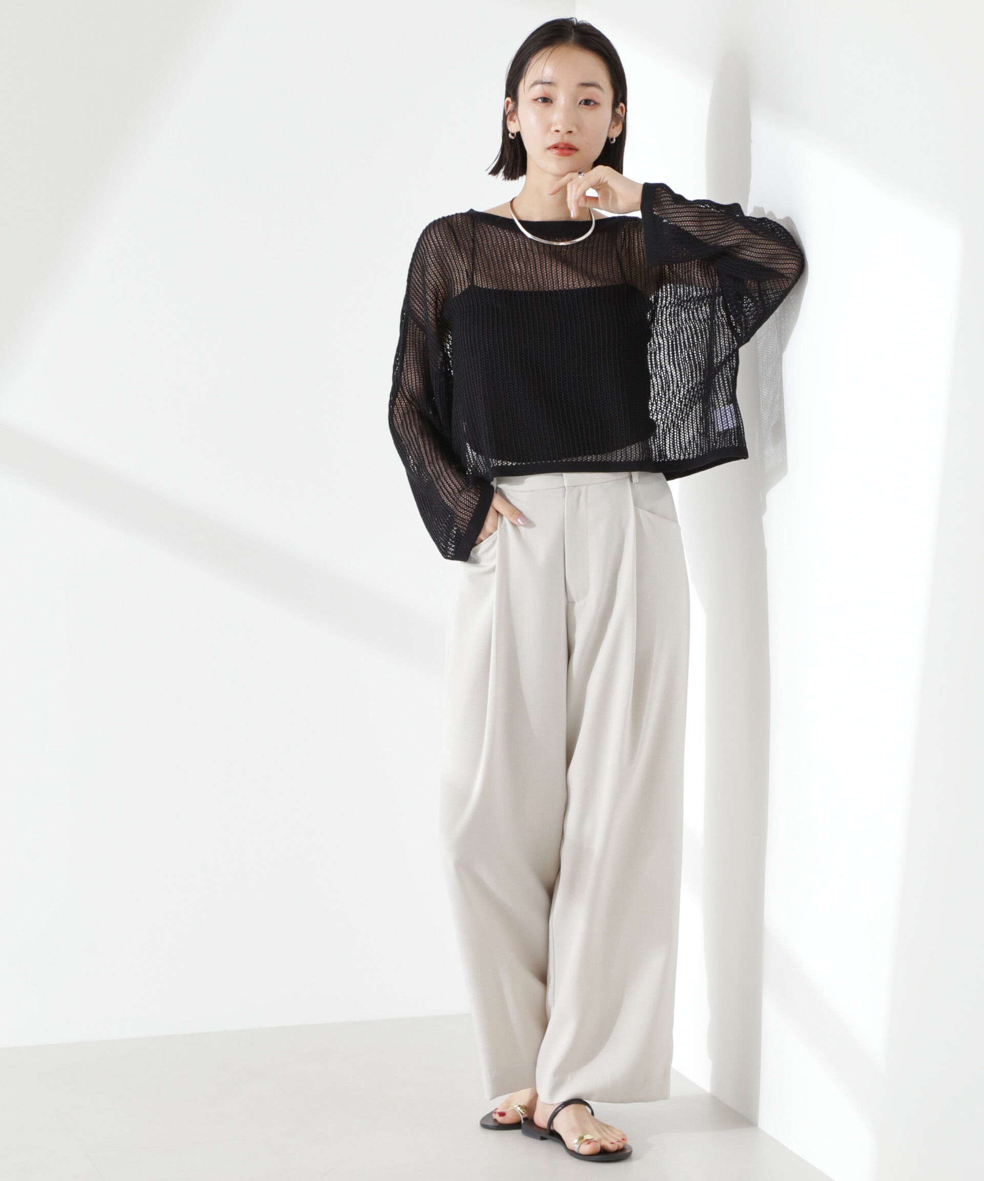 nano･universe「クリスピーツイルタックワイドパンツ(セットアップ可)」|チノ|