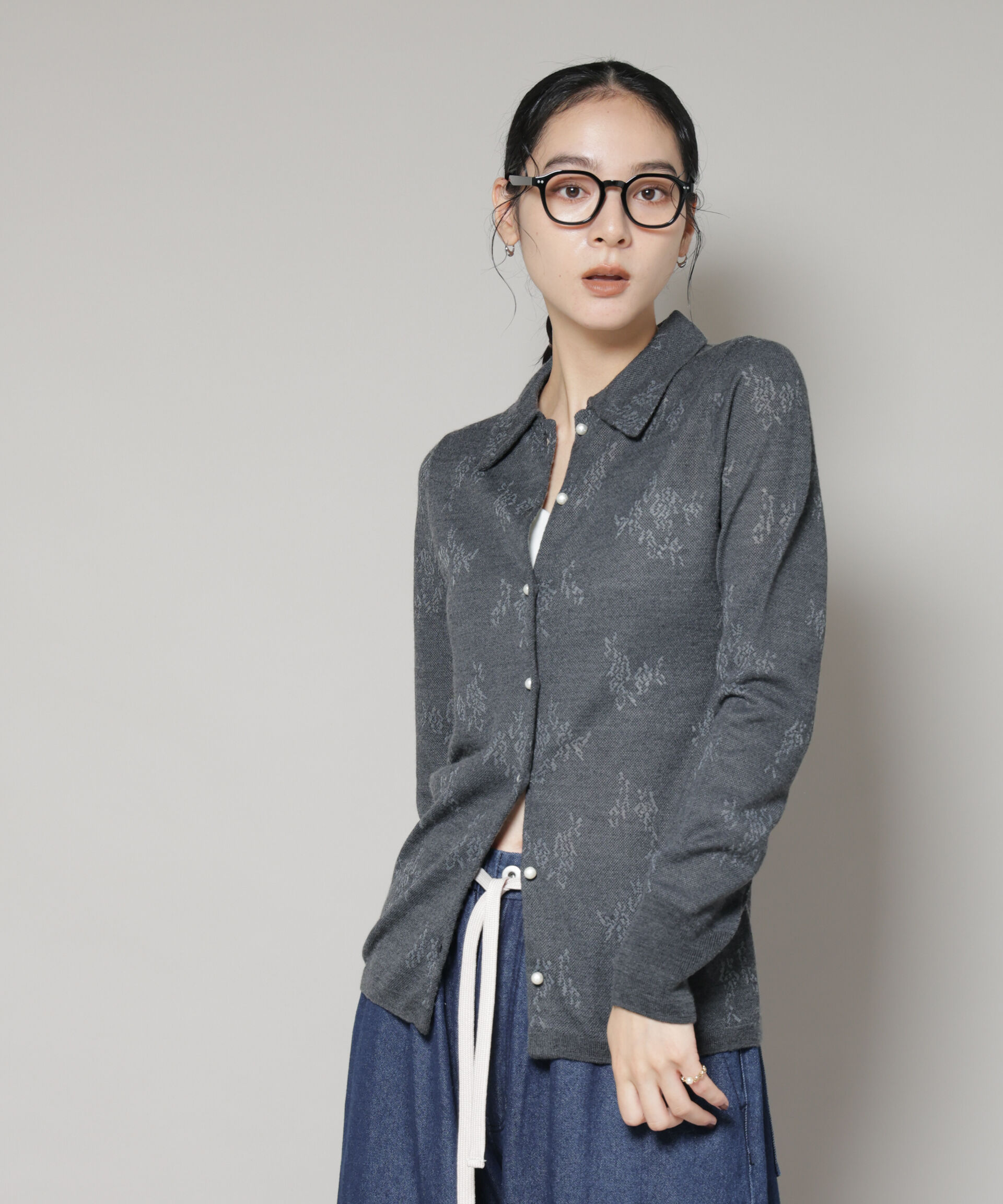 nano･universe「レースジャカード長袖ポロカーディガン」|ニット・セーター|