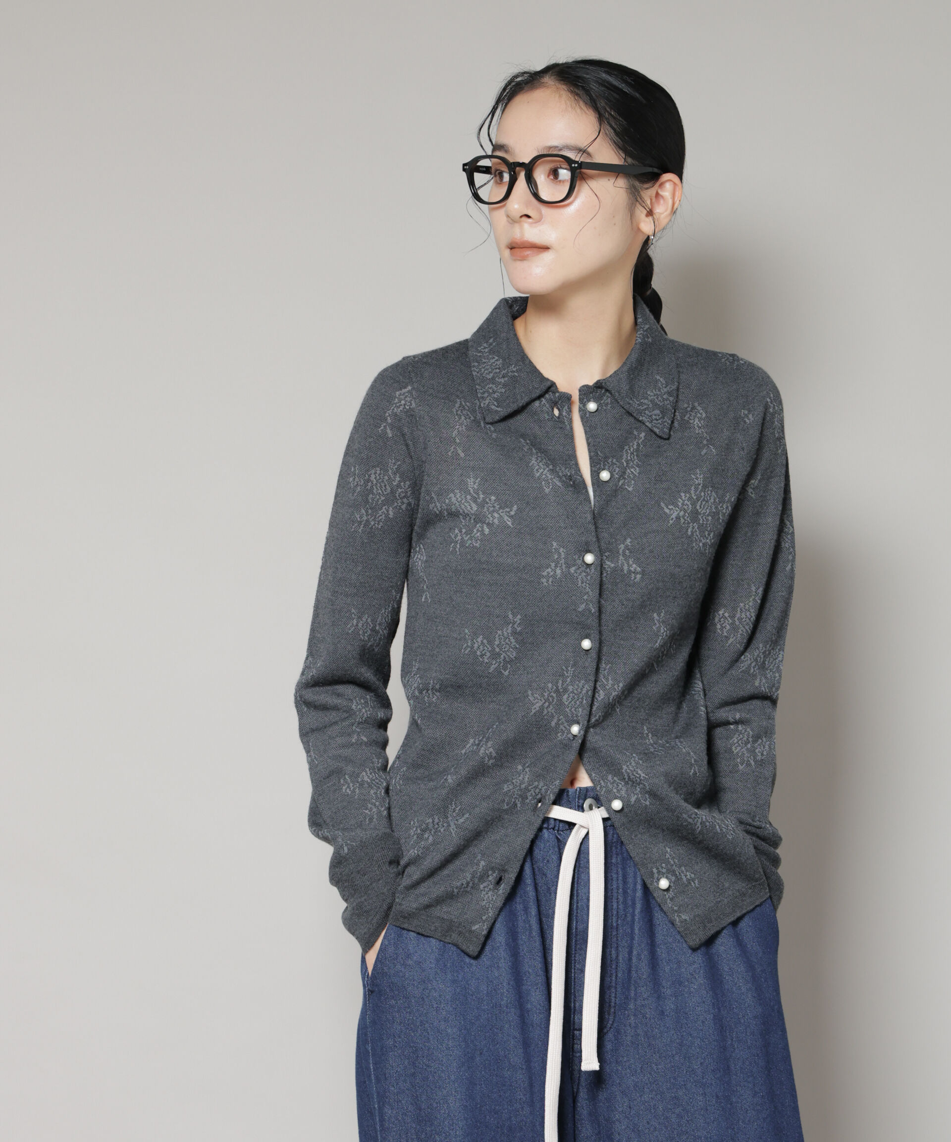 nano･universe「レースジャカード長袖ポロカーディガン」|ニット・セーター|