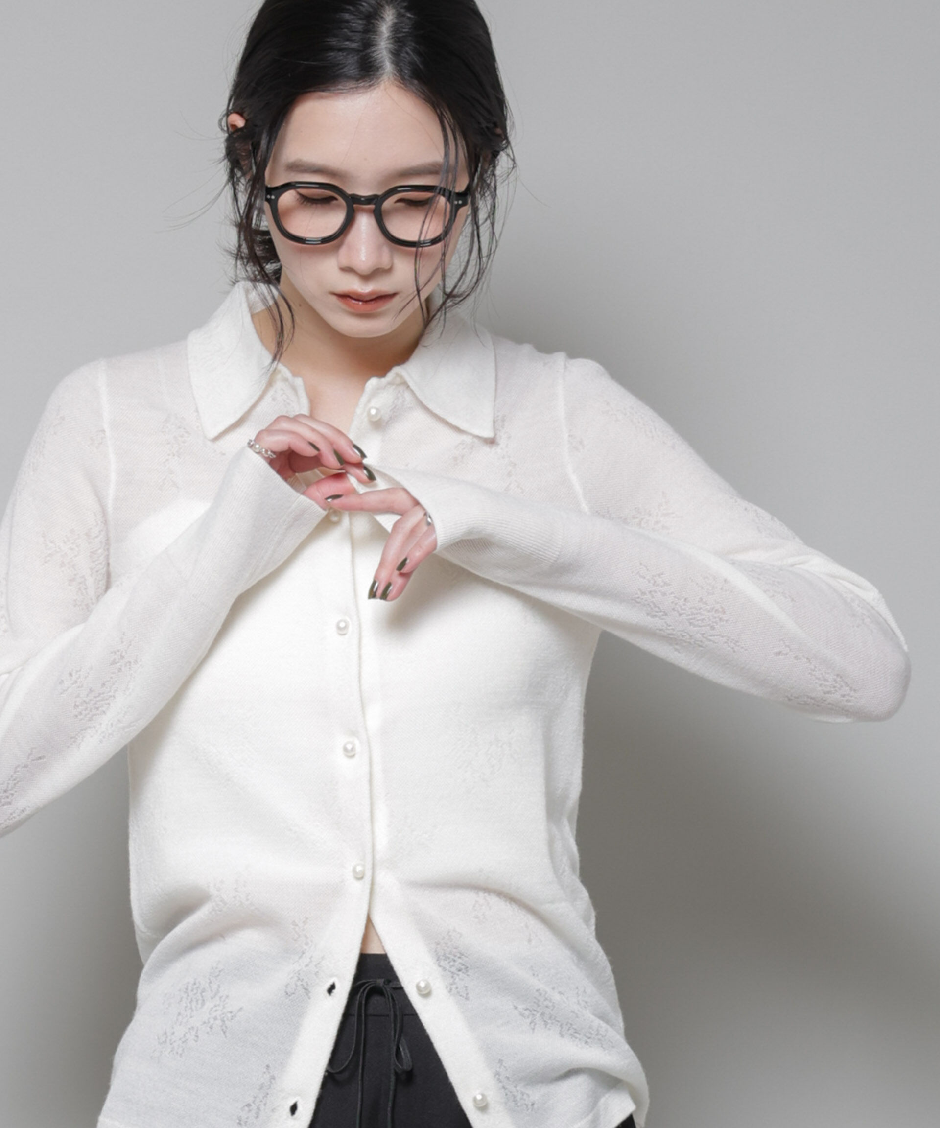 nano･universe「レースジャカード長袖ポロカーディガン」|ニット・セーター|