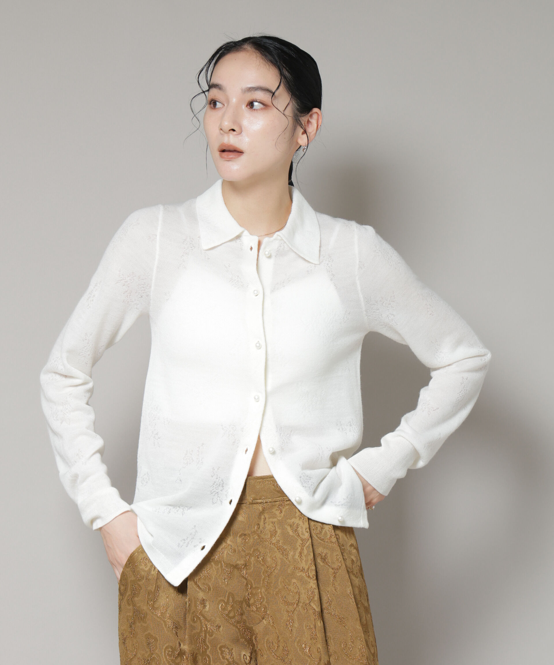 nano･universe「レースジャカード長袖ポロカーディガン」|ニット・セーター|