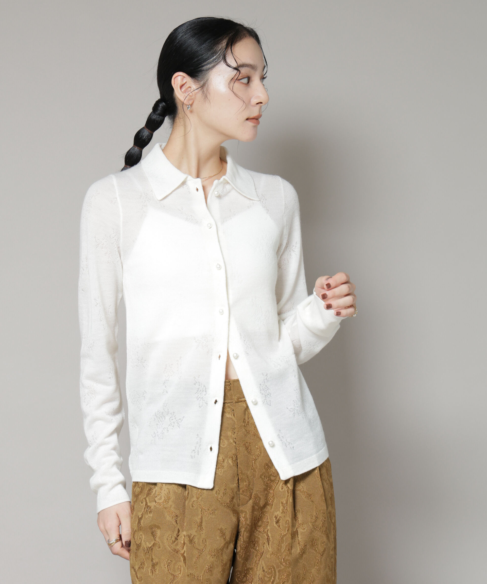 nano･universe「レースジャカード長袖ポロカーディガン」|ニット・セーター|