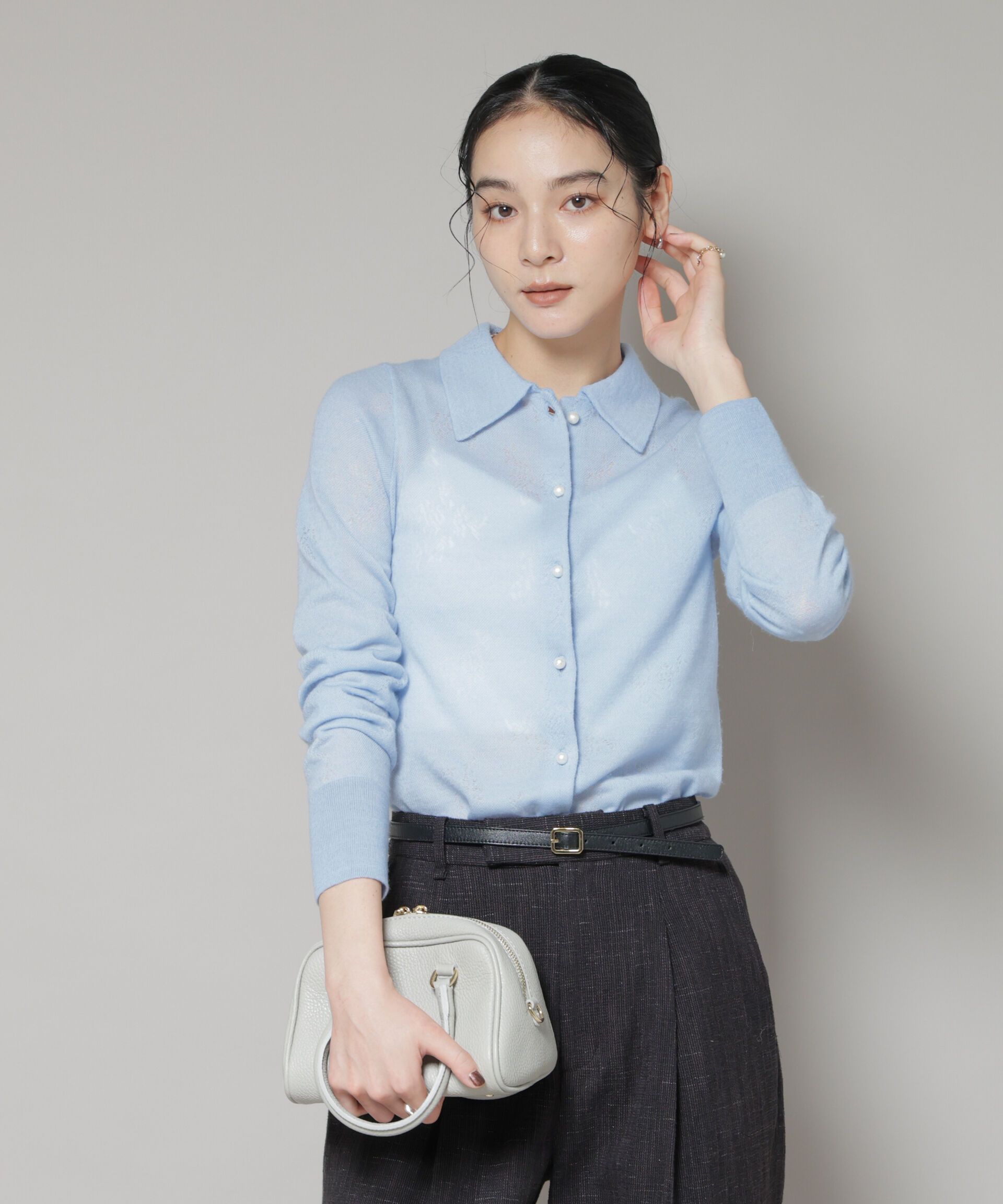 nano･universe「レースジャカード長袖ポロカーディガン」|ニット・セーター|