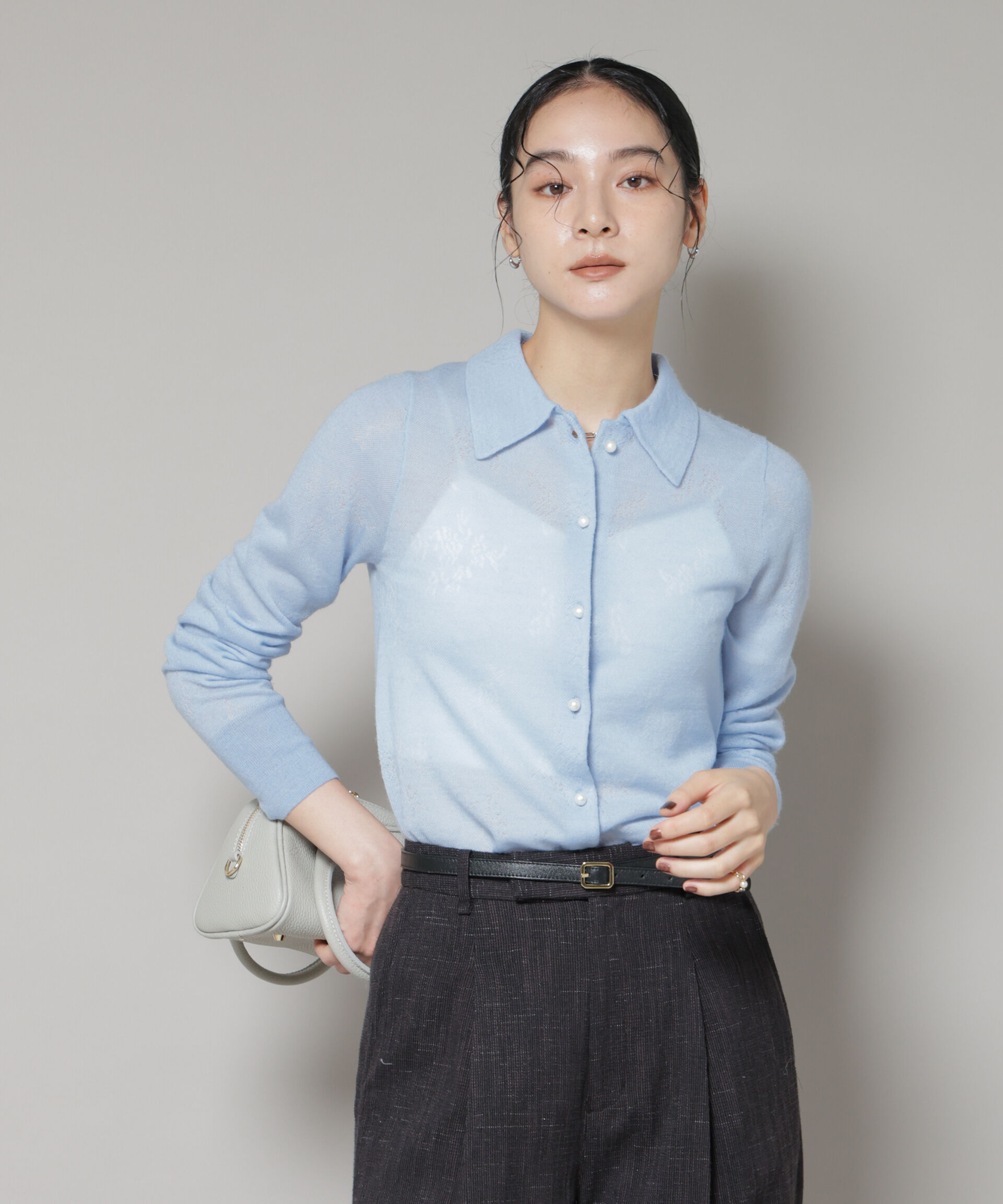 nano･universe「レースジャカード長袖ポロカーディガン」|ニット・セーター|