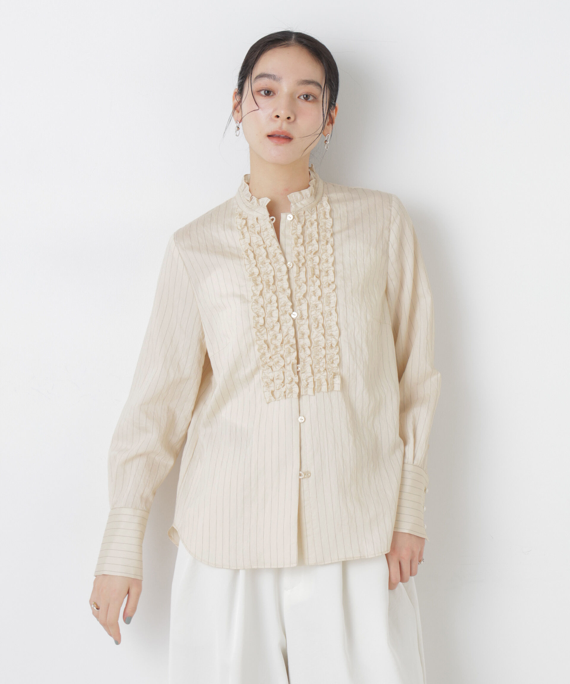 nano･universe「ストライプフリルブラウス」|シャツ・ブラウス|ライトベージ 1