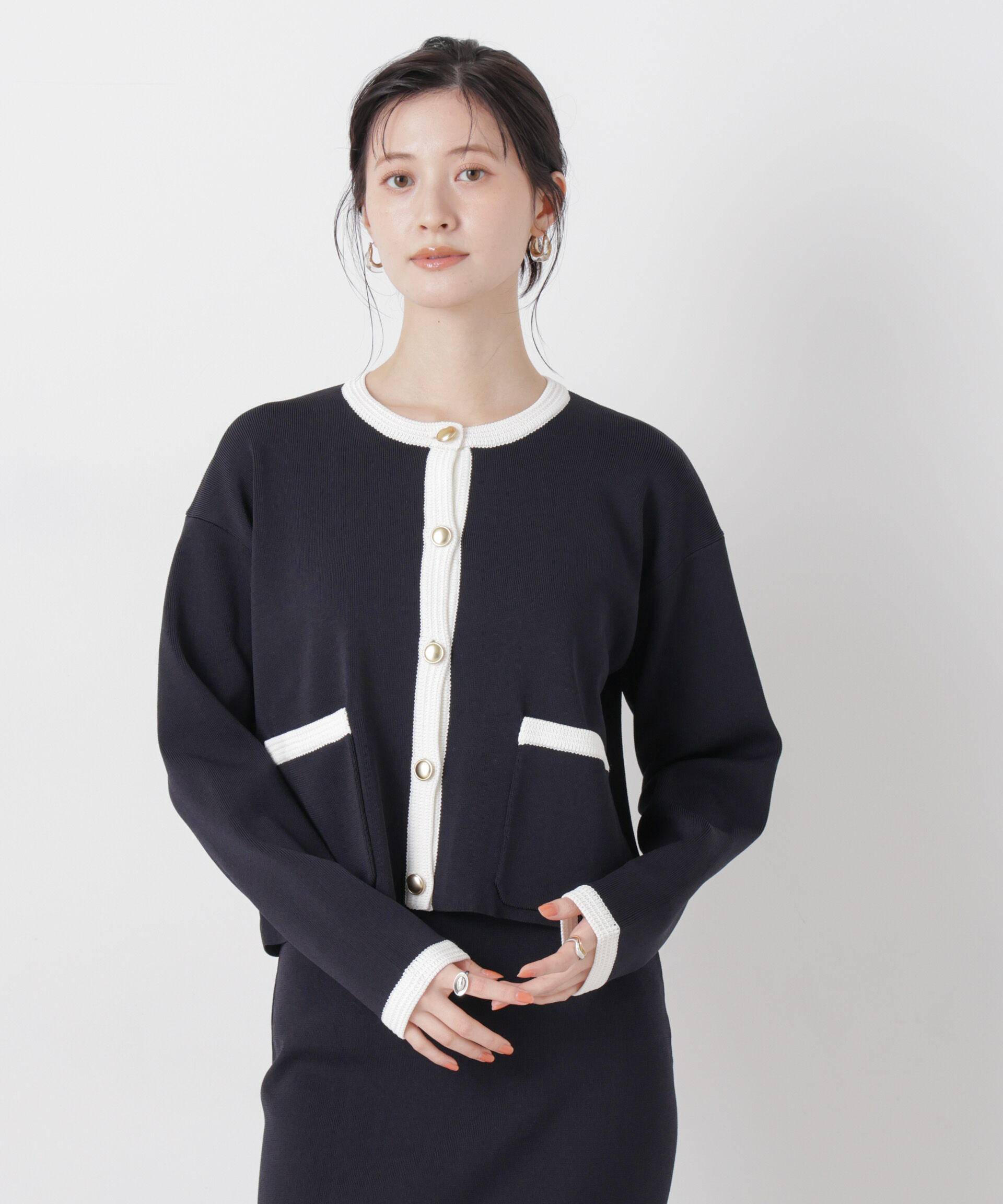 nano･universe「洗濯機洗可バイカラーニットジャケットカーディガン(セットアップ可)」|ニット・セーター|