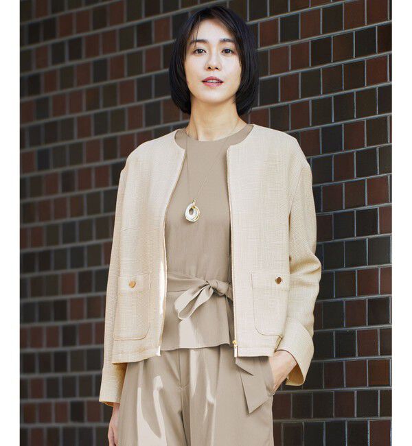 自由区「【洗える】ライトカラミノーカラー ジャケット」|ノーカラージャケット|ベージュ&times;オフ