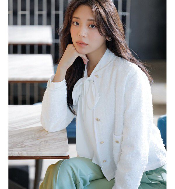 ANY SIS「リボンヤーンライトツイード ジャケット」|ノーカラージャケット|オフ