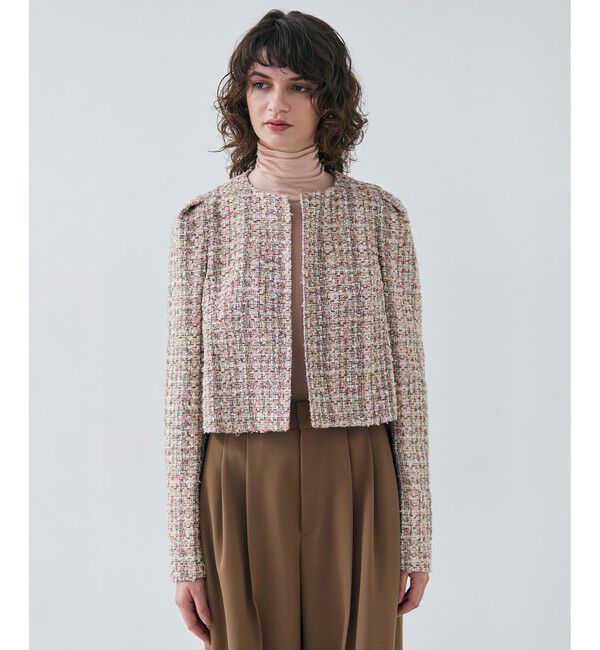 BEIGE,「TEASEL / ノーカラーツイードショートジャケット」|ノーカラージャケット|PINK MIX