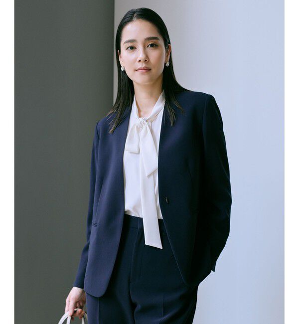 ROPE「トリアセダブルクロス Ｖネックジャケット/イージーケア・セットアップ対応・25AW」|ノーカラージャケット|ネイビー(40)