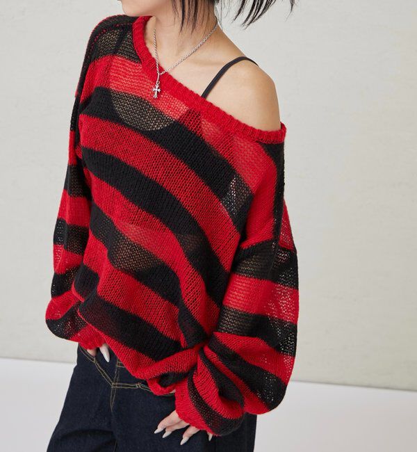  「ワイドボーダーメッシュニット」|ニット・セーター|