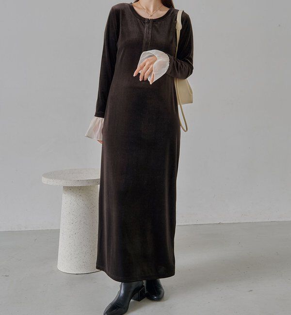  「【低身長サイズあり】フレアスリーブベロアワンピース」|ワンピース|