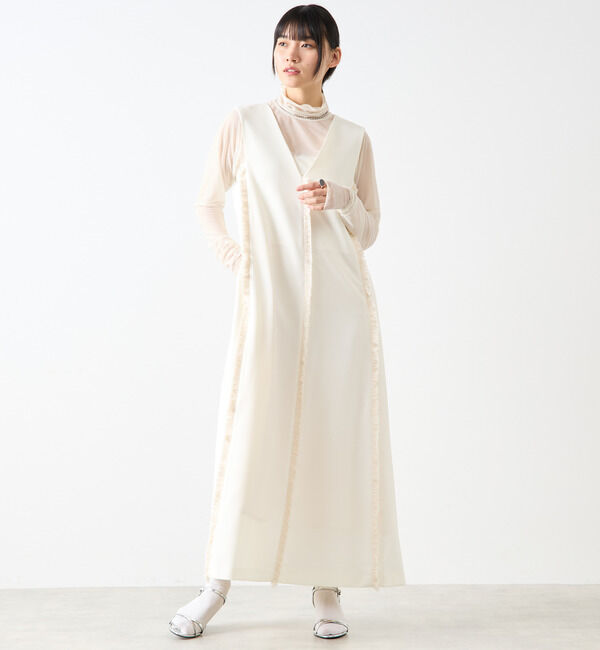 Soffitto「麻調深Vネックフリンジストレッチワンピース」|ワンピース|アイボリー
