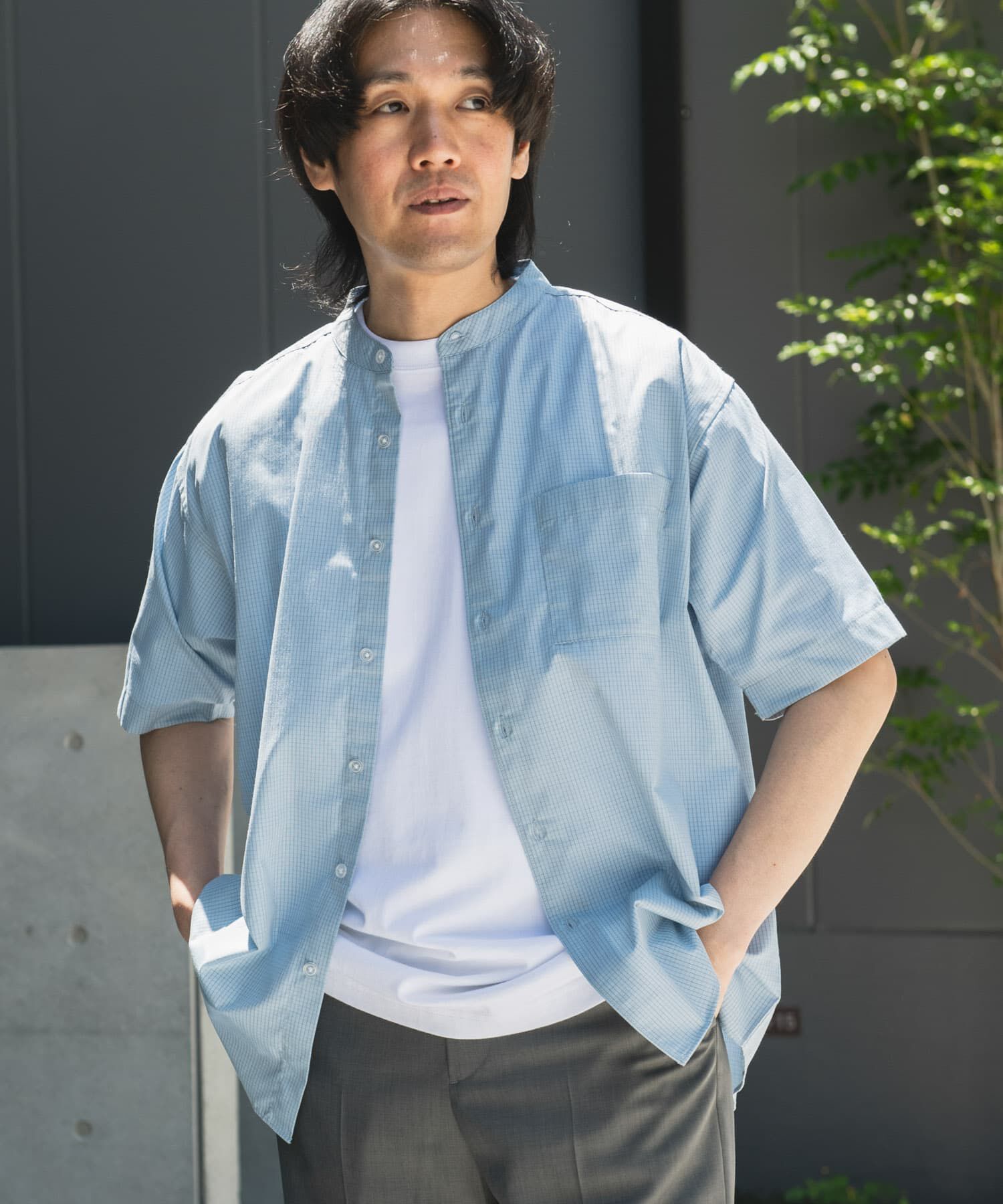URBAN RESEARCH DOORS「TC バンドカラー ショートスリーブシャツ」|シャツ・ブラウス|ブルー系その他