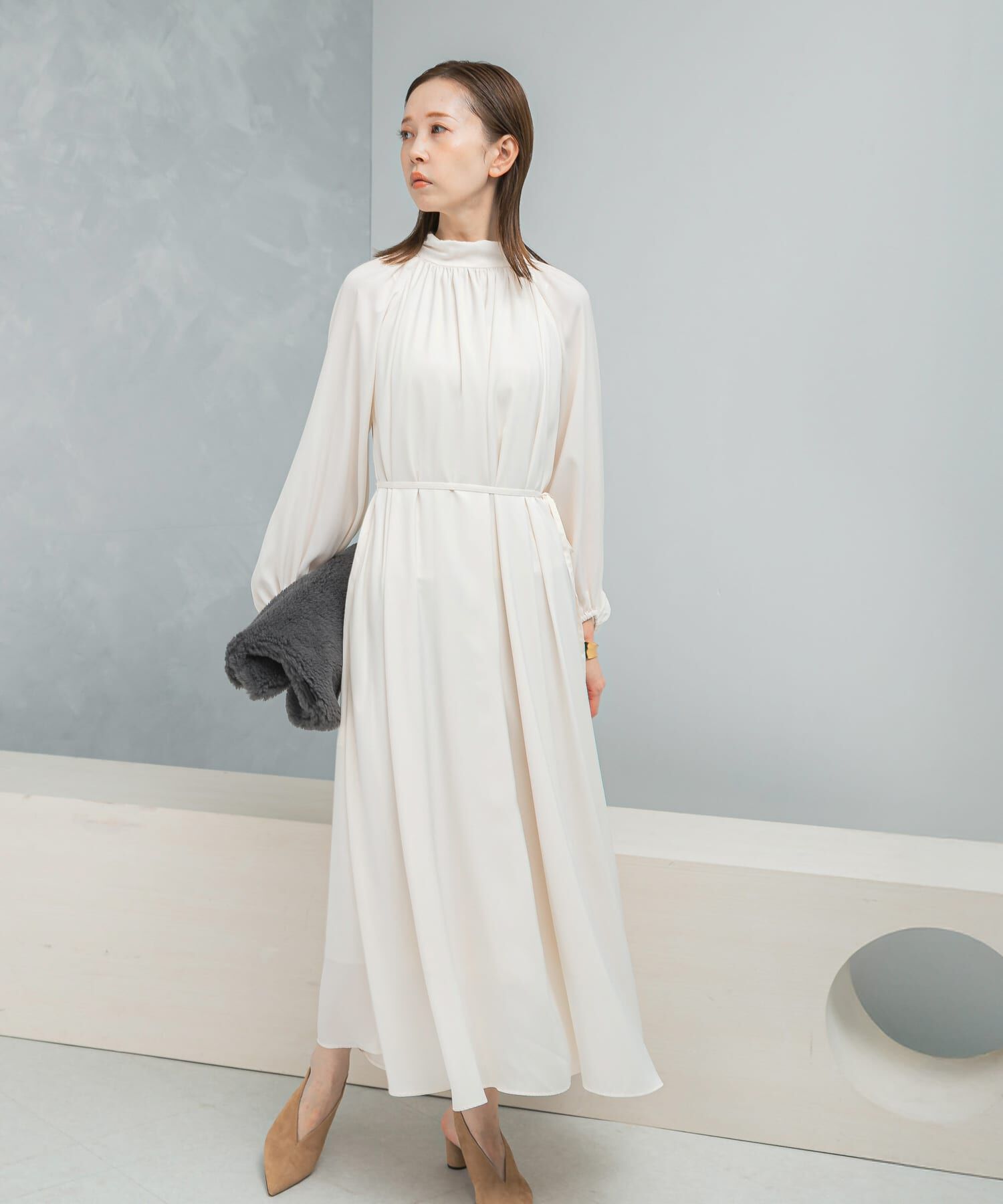 URBAN RESEARCH ROSSO「ハイネックギャザーサテンドレス」|ワンピース|