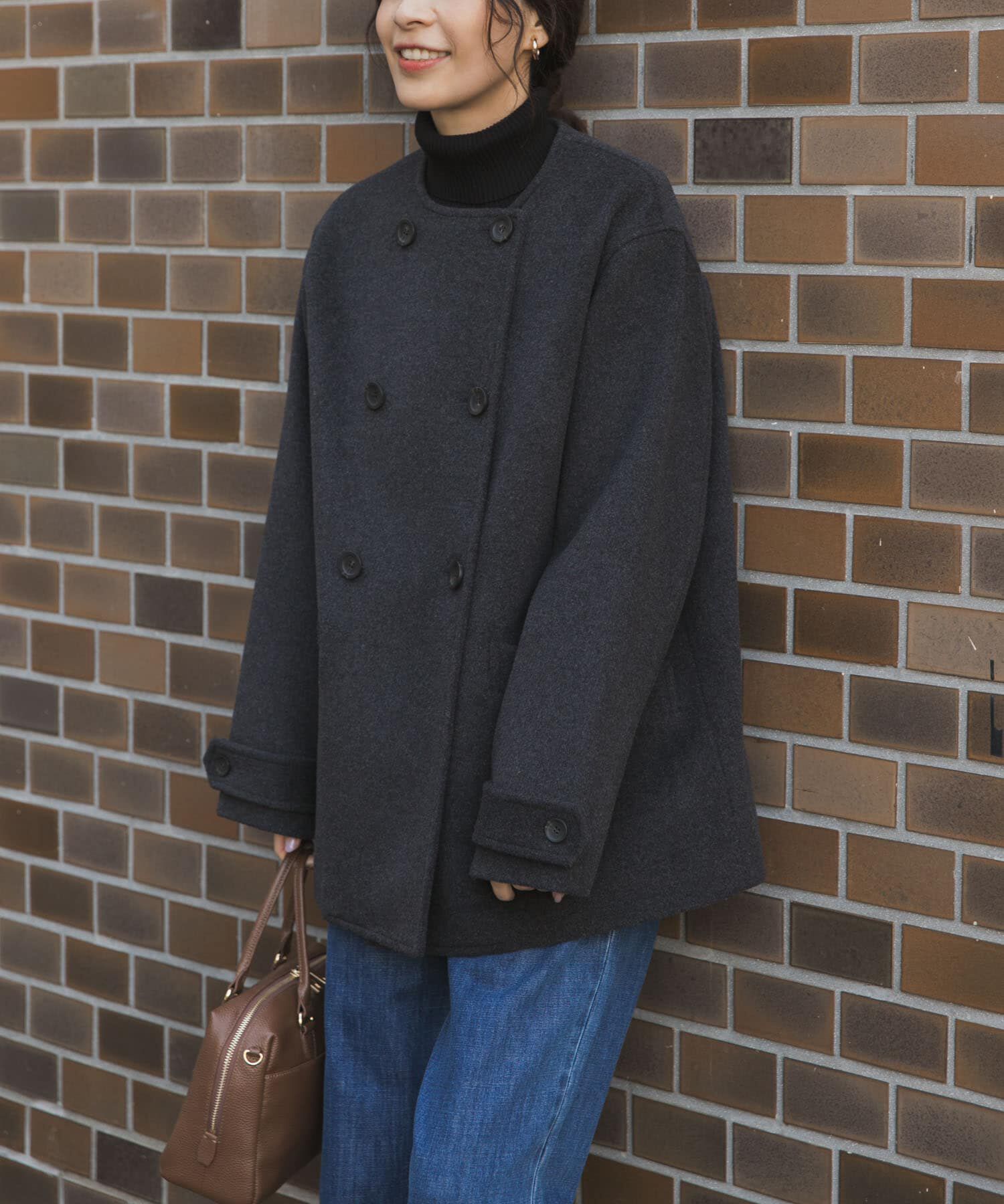 URBAN RESEARCH DOORS「ウールノーカラーコート」|ピーコート|チャコールグレー