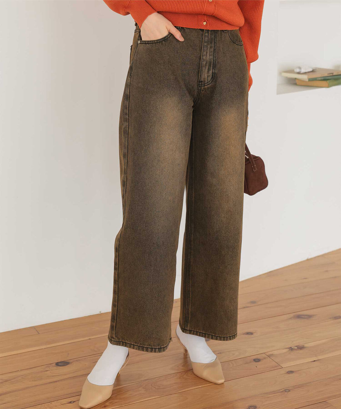 titivate「ワイドデニムパンツ」|デニム|ブラウン