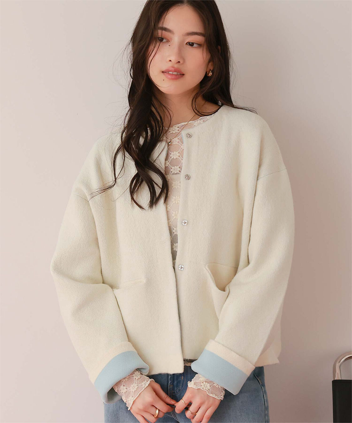 titivate「配色デザインニットコート/カーディガン」|ノーカラーコート|アイボリー