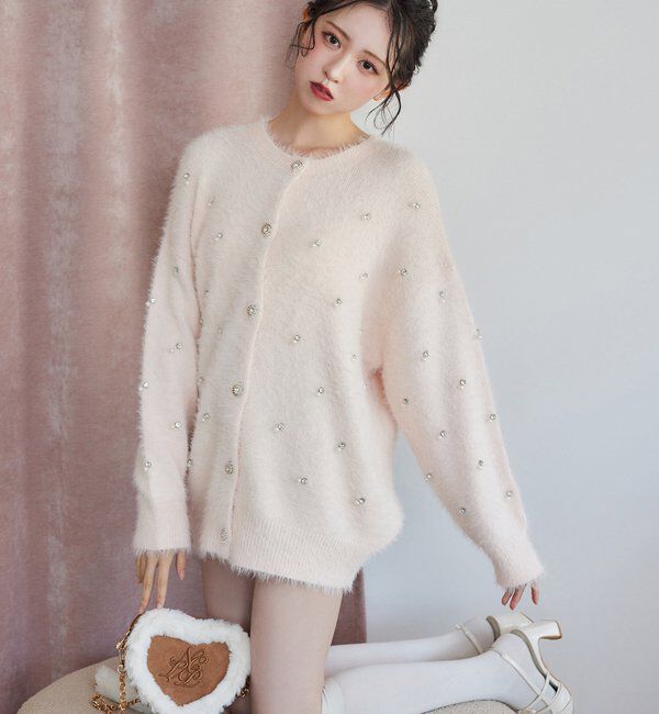  「ビジューフェザーロングカーデ」|ニット・セーター|ピンク