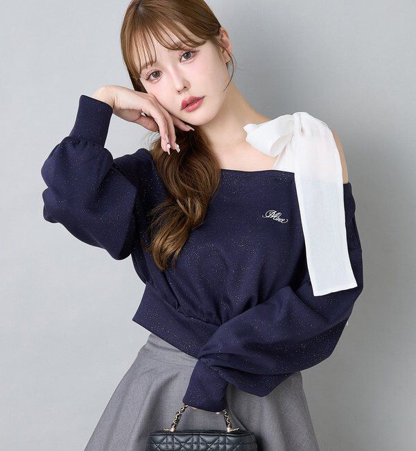  「肩リボン刺繍入りラメトップス」|プルオーバー|