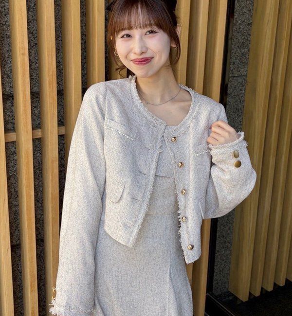  「【miyabi企画】パール釦ツイードノーカラージャケット」|テーラードジャケット|アイボリー