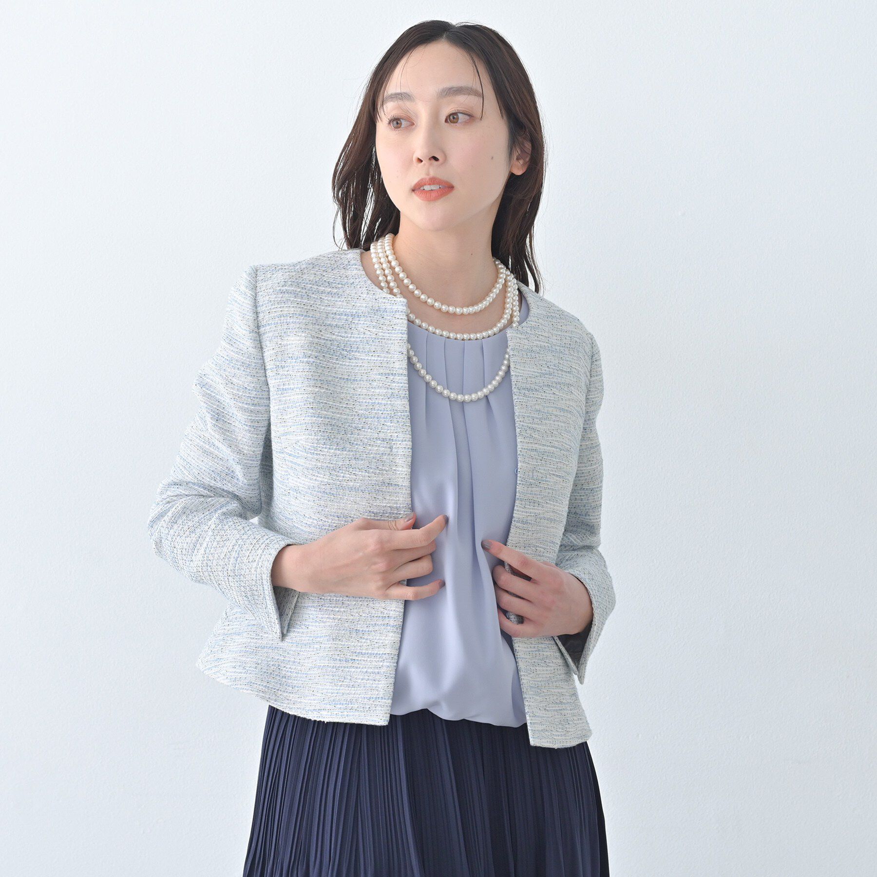 UNTITLED「【きれいめ】ツイード ペプラムジャケット」|ノーカラージャケット|ブルー(491)