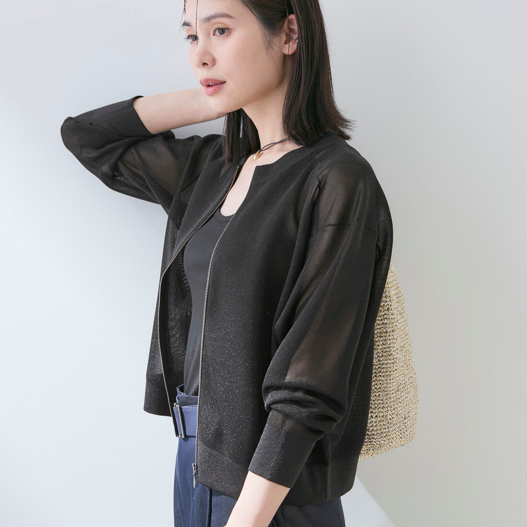 INDIVI「【洗える／シアーラメ】ブルゾン風ジップアップニットカーディガン」|カーディガン|