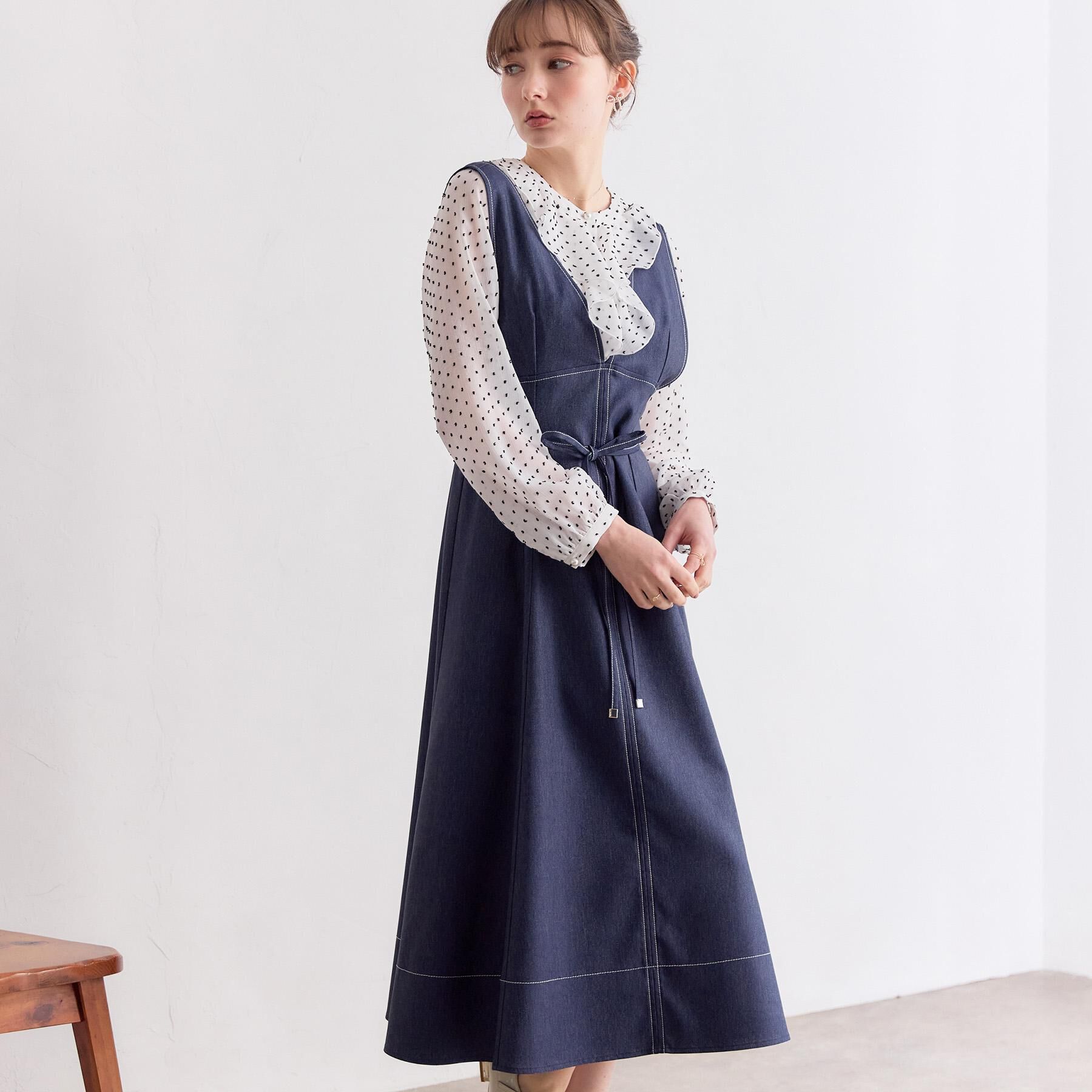 Couture broach「【洗える】デニムライク細リボンジャンスカ」|ワンピース|ネイビー(094)