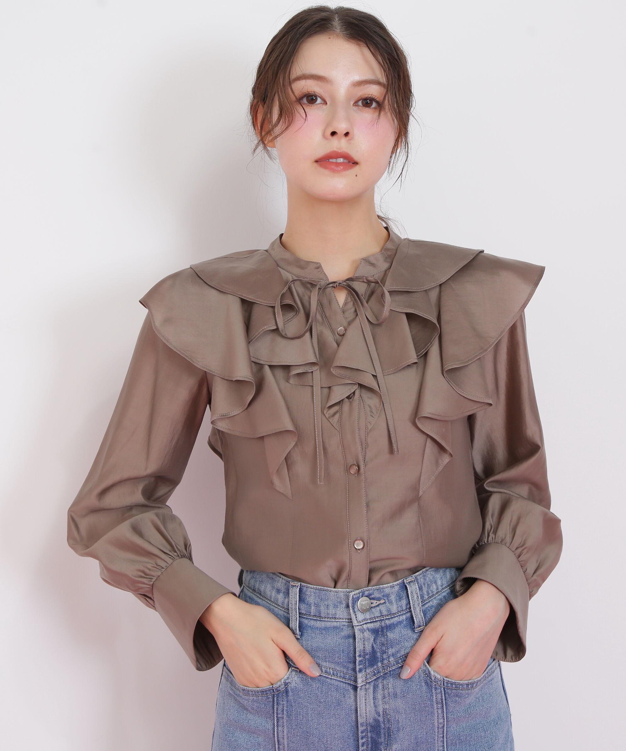  「長袖ラッフルブラウス」|シャツ・ブラウス|ブラウン