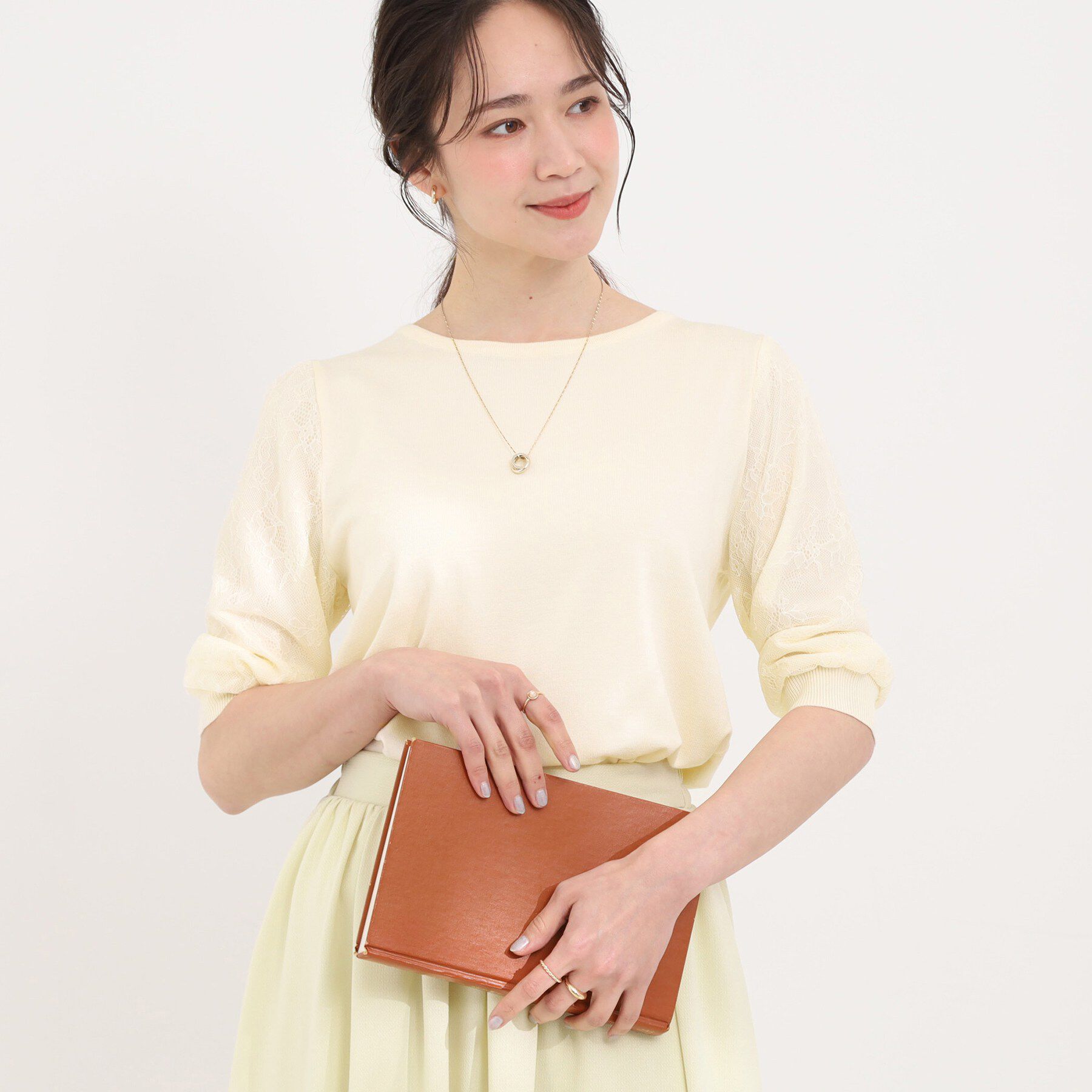 SHOO･LA･RUE「【洗濯機可/S-LL】華やかレース5分袖ニット」|ニット・セーター|アイボリー(004)