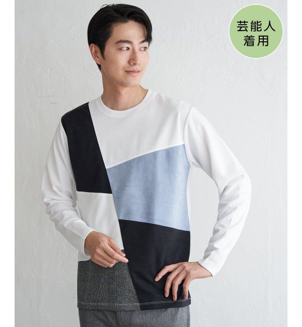 ikka「ブロックスチェックスエード切り替えロンT」|Tシャツ・カットソー|ホワイト