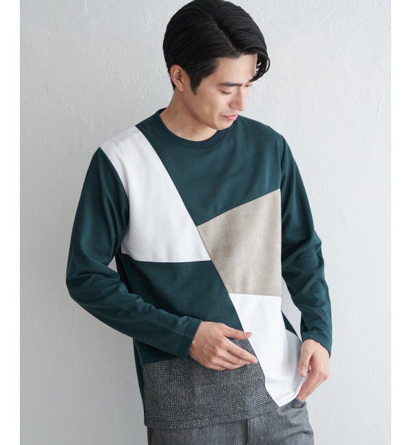 ikka「ブロックスチェックスエード切り替えロンT」|Tシャツ・カットソー|