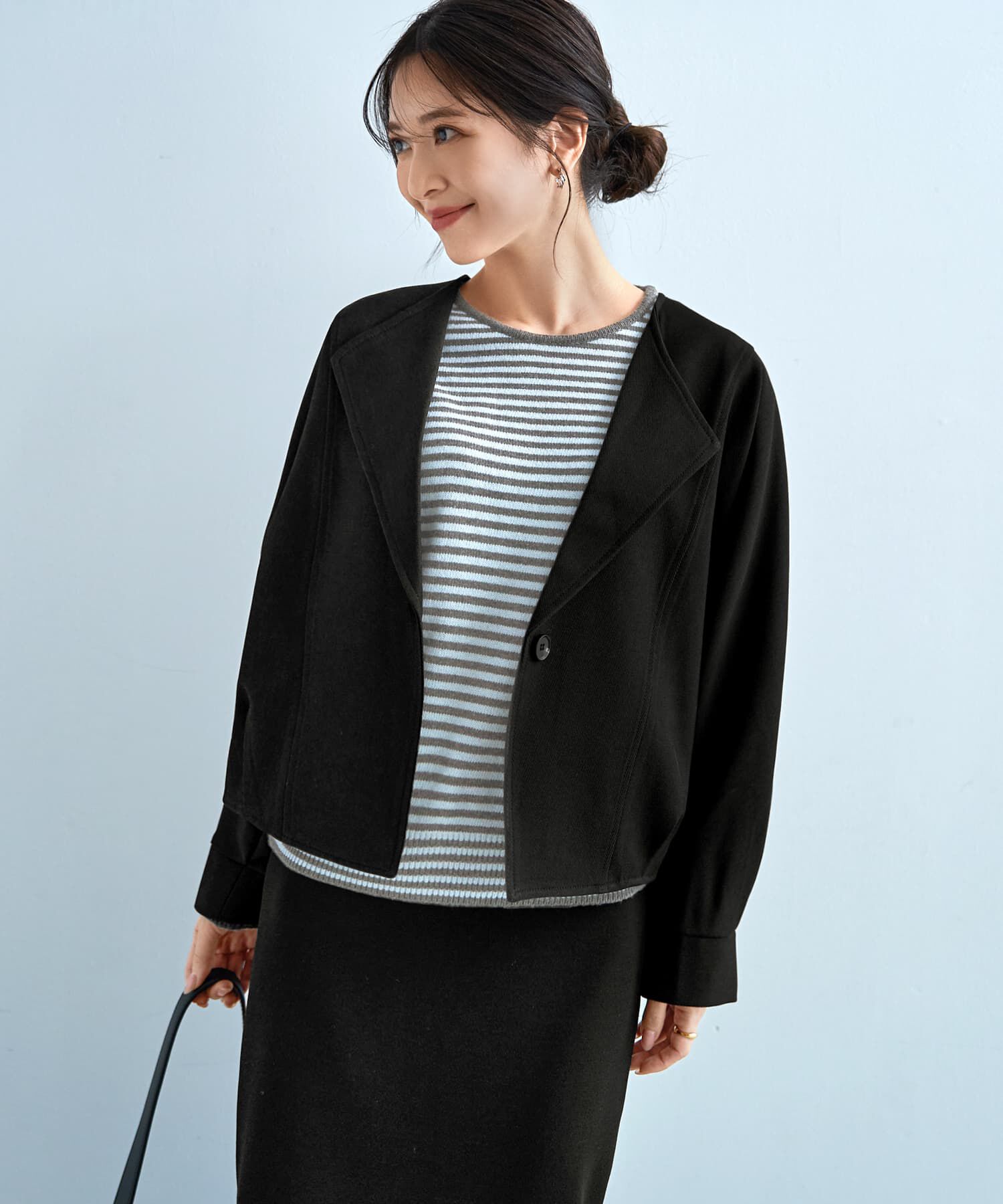 STYLE DELI「ライトなオープンカラージャケット」|ノーカラージャケット|ブラック