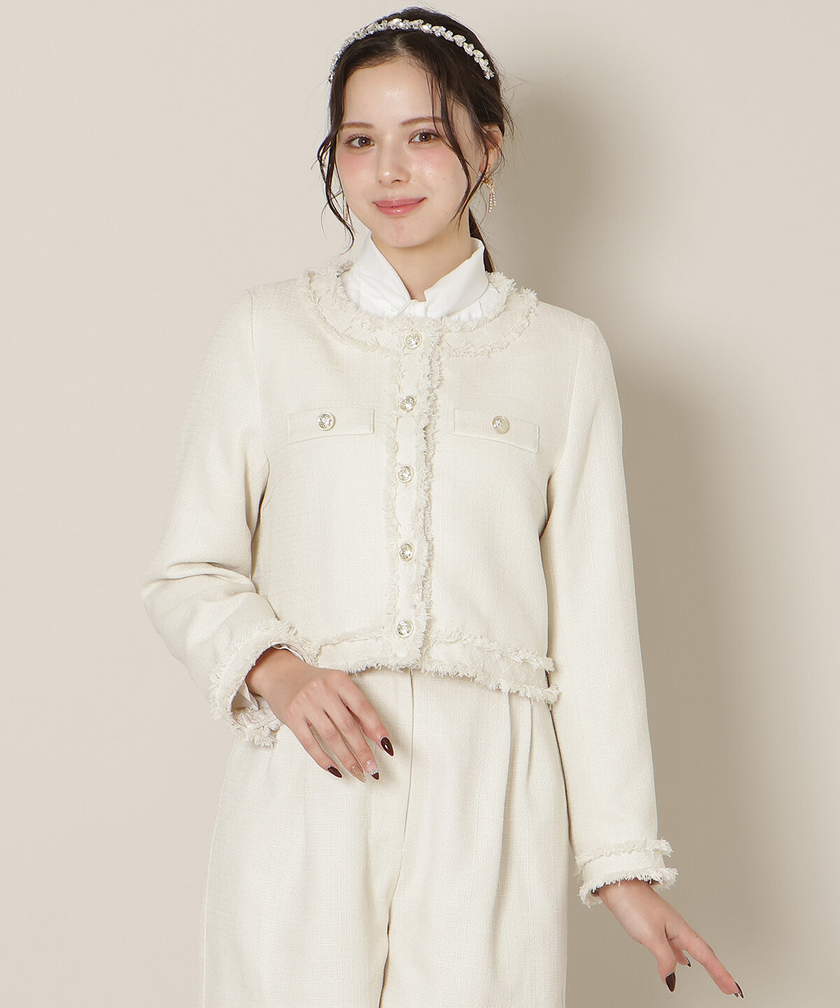 WILLSELECTION「ノーカラーフリンジツイードジャケット」|ノーカラージャケット|オフ