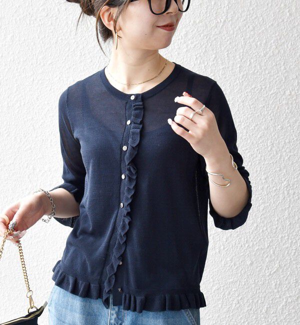 SHIPS any「SHIPS any:〈手洗い可能〉コットン ミックス シアー フリル カーディガン」|カーディガン|ネイビー