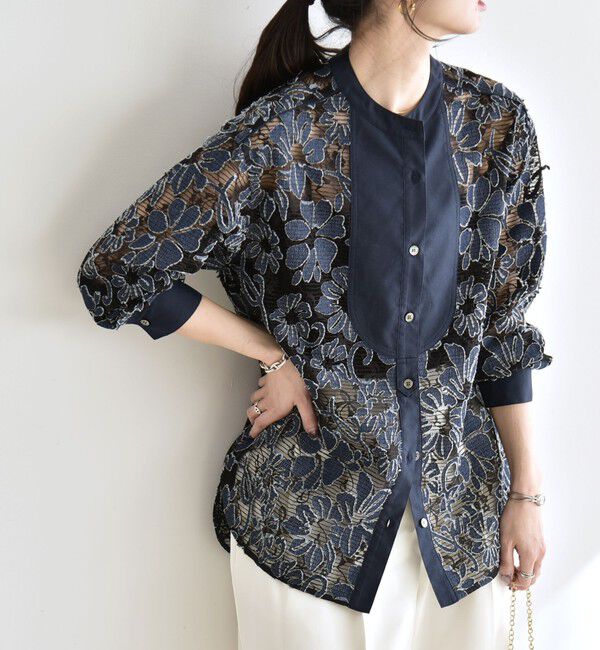 quaranciel「quaranciel:〈手洗い可能〉デニム フラワー レース バンドカラー シャツ」|シャツ・ブラウス|