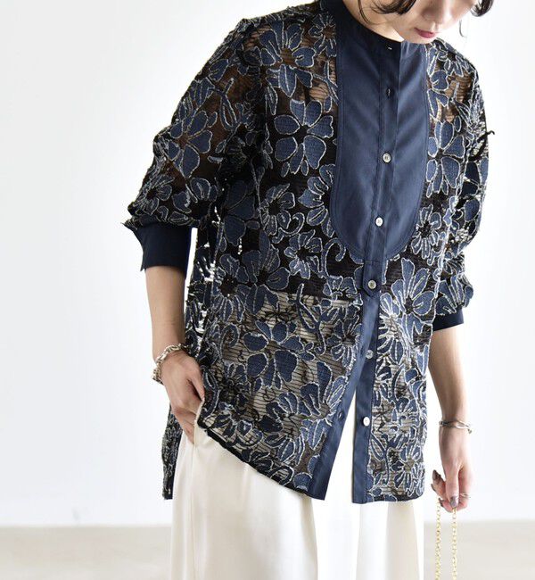 quaranciel「quaranciel:〈手洗い可能〉デニム フラワー レース バンドカラー シャツ」|シャツ・ブラウス|