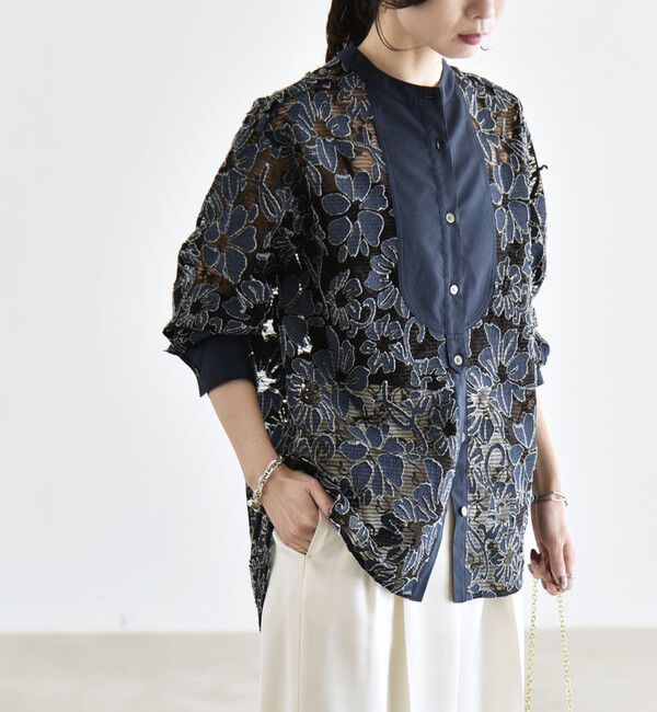 quaranciel「quaranciel:〈手洗い可能〉デニム フラワー レース バンドカラー シャツ」|シャツ・ブラウス|