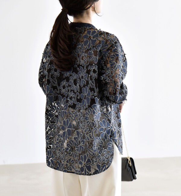 quaranciel「quaranciel:〈手洗い可能〉デニム フラワー レース バンドカラー シャツ」|シャツ・ブラウス|