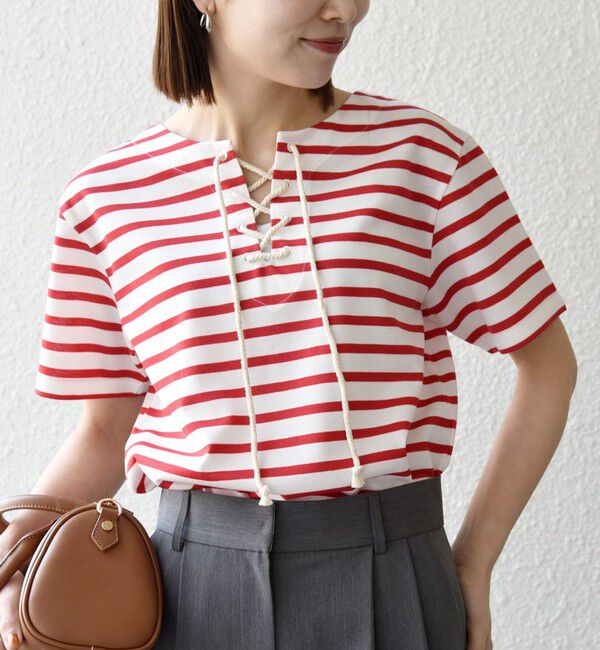 SHIPS any「SHIPS any:〈洗濯機可能〉マリンボーダー レースアップ ショートスリーブ TEE」|Tシャツ・カットソー|レッド