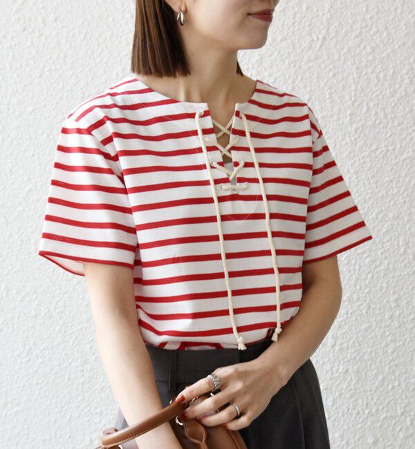 SHIPS any「SHIPS any:〈洗濯機可能〉マリンボーダー レースアップ ショートスリーブ TEE」|Tシャツ・カットソー|