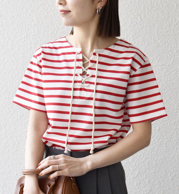 SHIPS any「SHIPS any:〈洗濯機可能〉マリンボーダー レースアップ ショートスリーブ TEE」|Tシャツ・カットソー|
