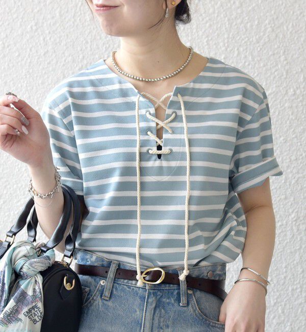 SHIPS any「SHIPS any:〈洗濯機可能〉マリンボーダー レースアップ ショートスリーブ TEE」|Tシャツ・カットソー|