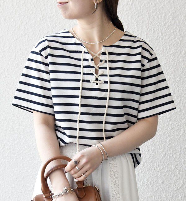 SHIPS any「SHIPS any:〈洗濯機可能〉マリンボーダー レースアップ ショートスリーブ TEE」|Tシャツ・カットソー|