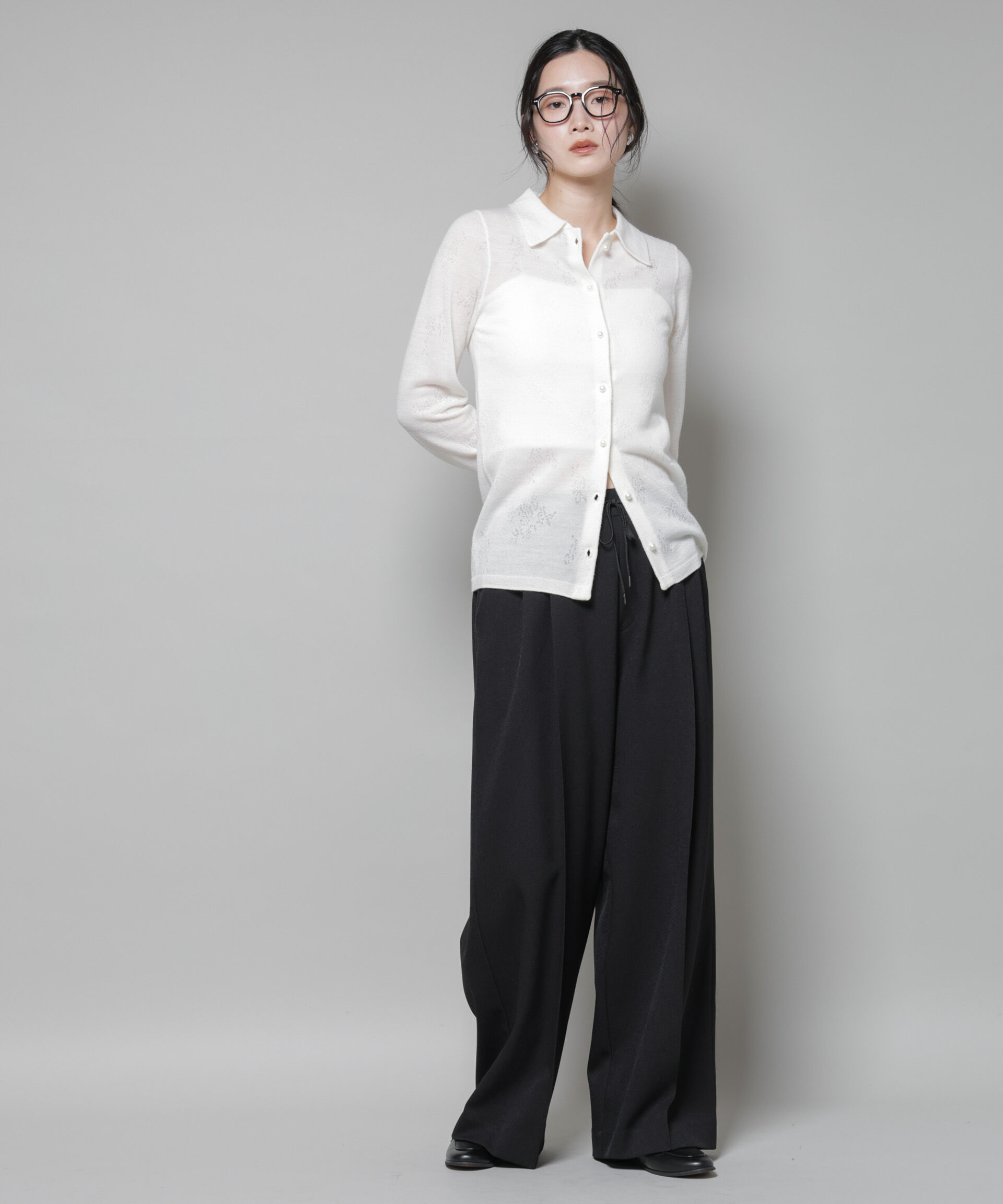 nano･universe「レースジャカード長袖ポロカーディガン」|ニット・セーター|